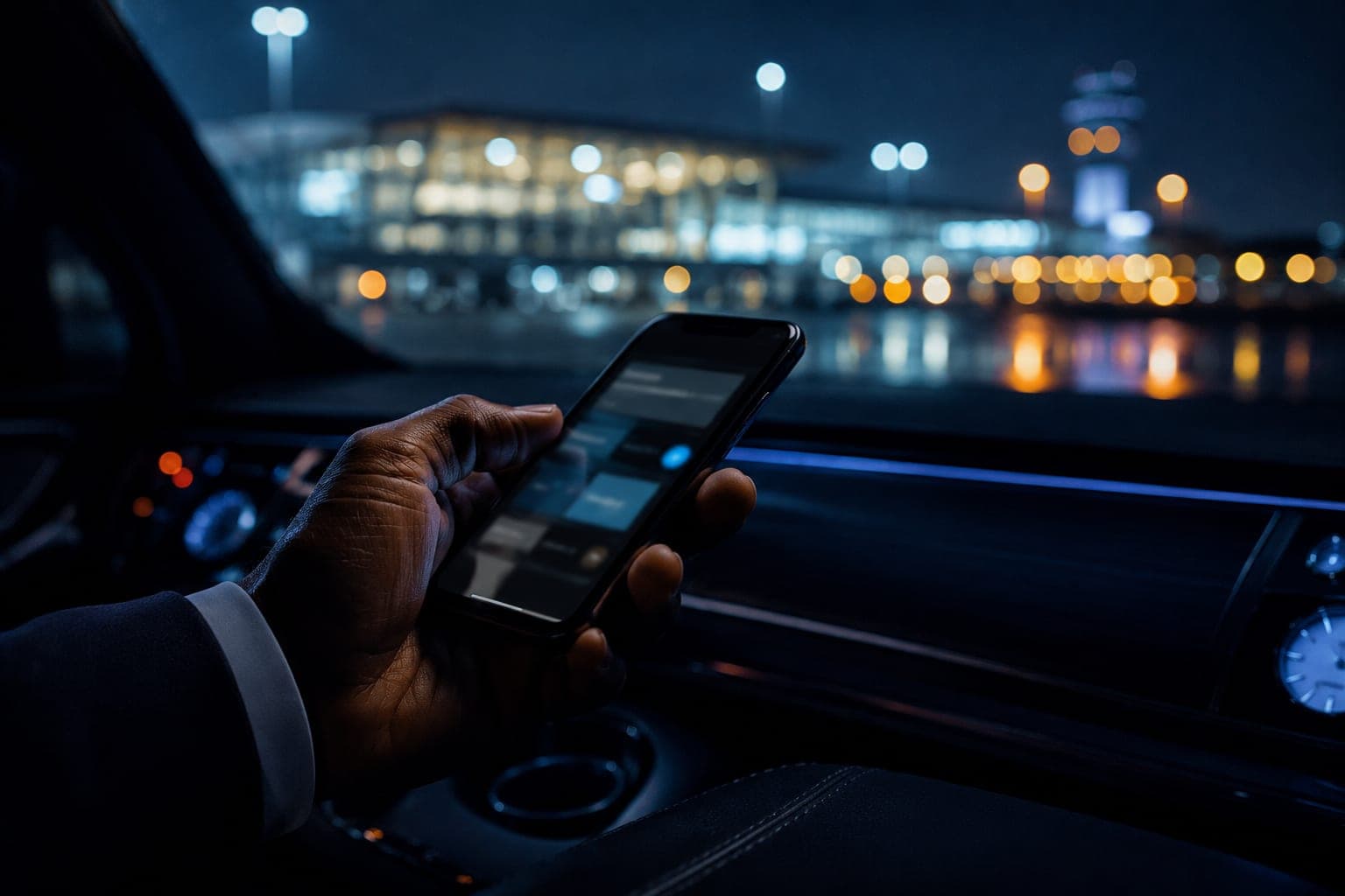 Chauffeur checking a flight on a phone outside an airport terminal