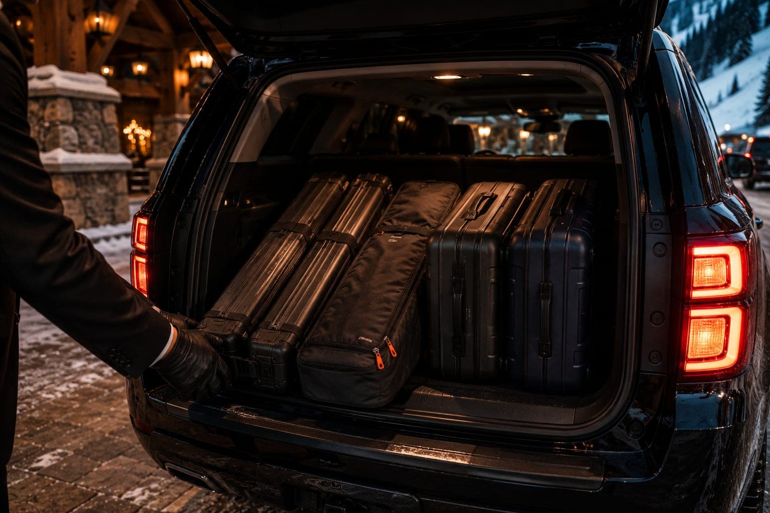 SUV cargo area loaded with ski bags and luggage