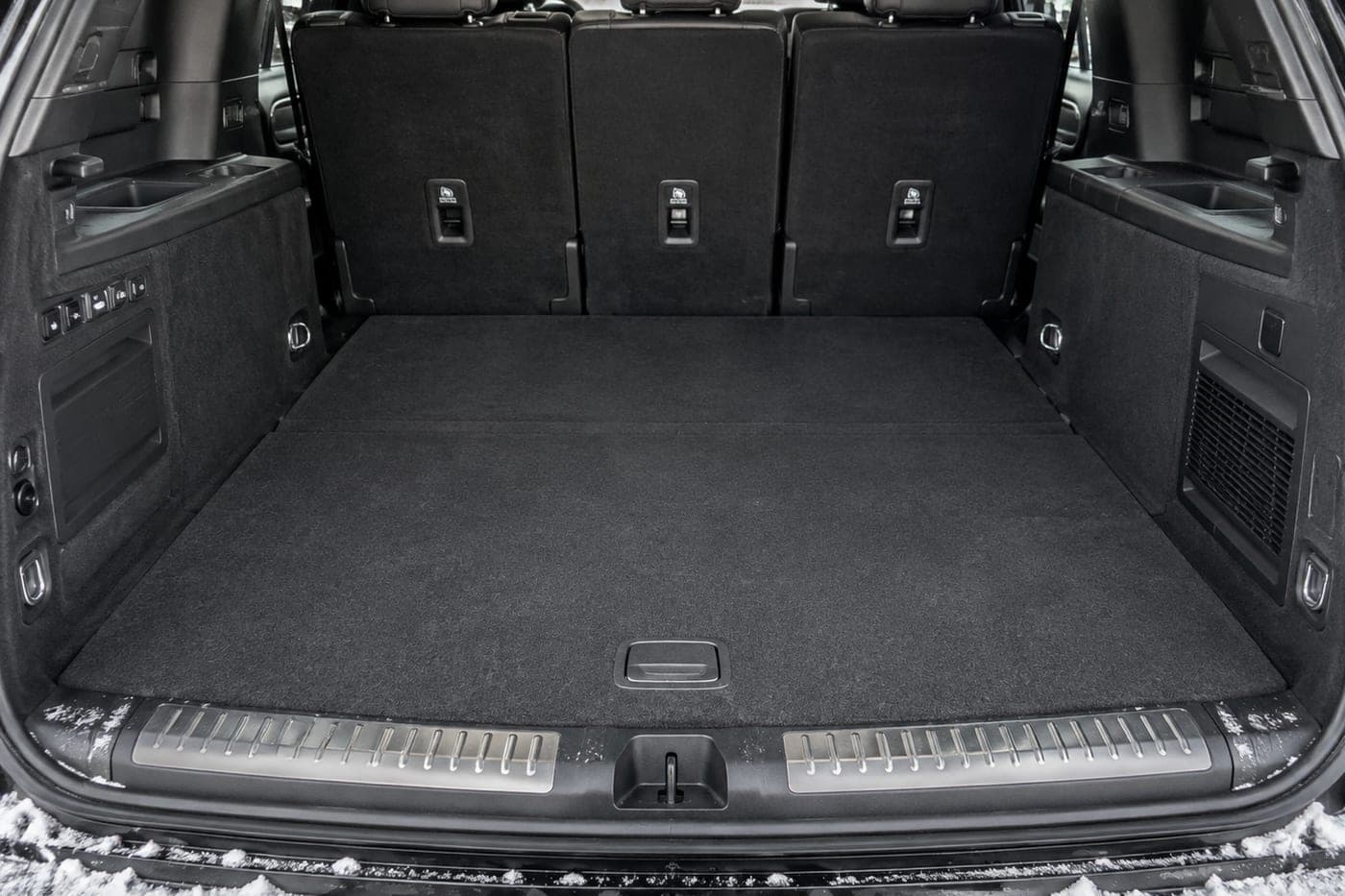 A large SUV cargo area with the third row folded flat
