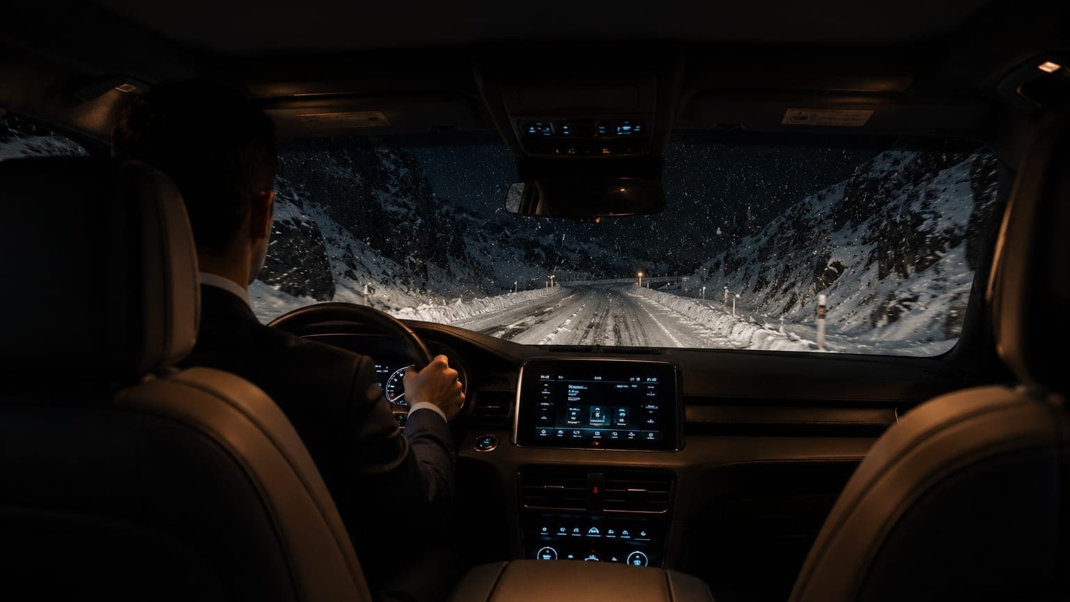 View from the back seat of a chauffeured SUV on a snowy mountain road