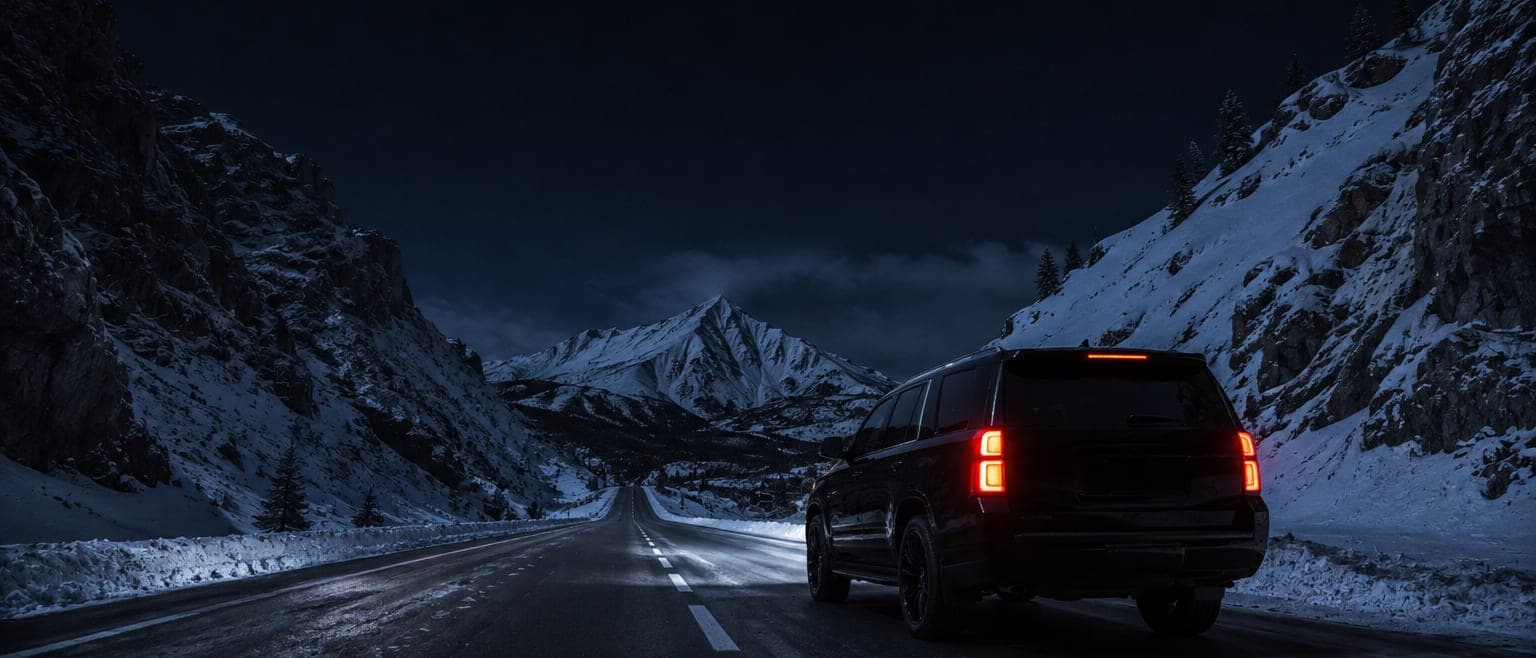 Black SUV on a snow-lined canyon road at night
