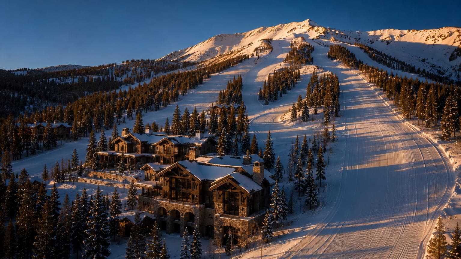 Slopeside lodge at Deer Valley at golden hour