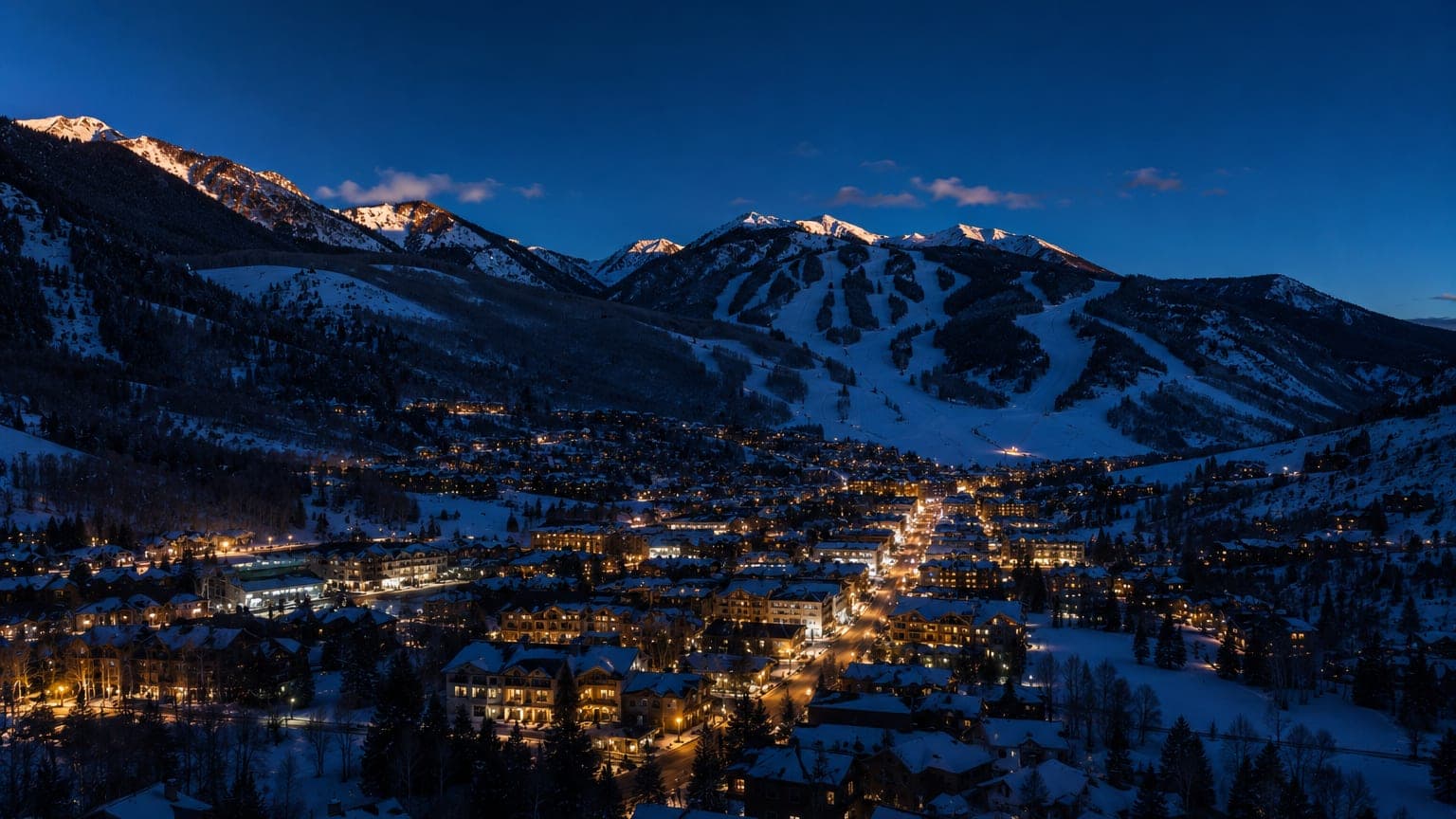 Mountain town below snow-covered ski runs at dusk