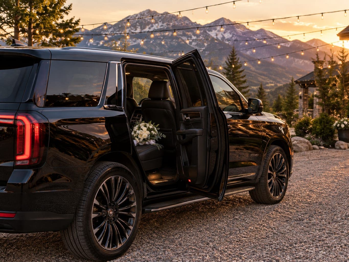 Black SUV at a mountain wedding venue at sunset