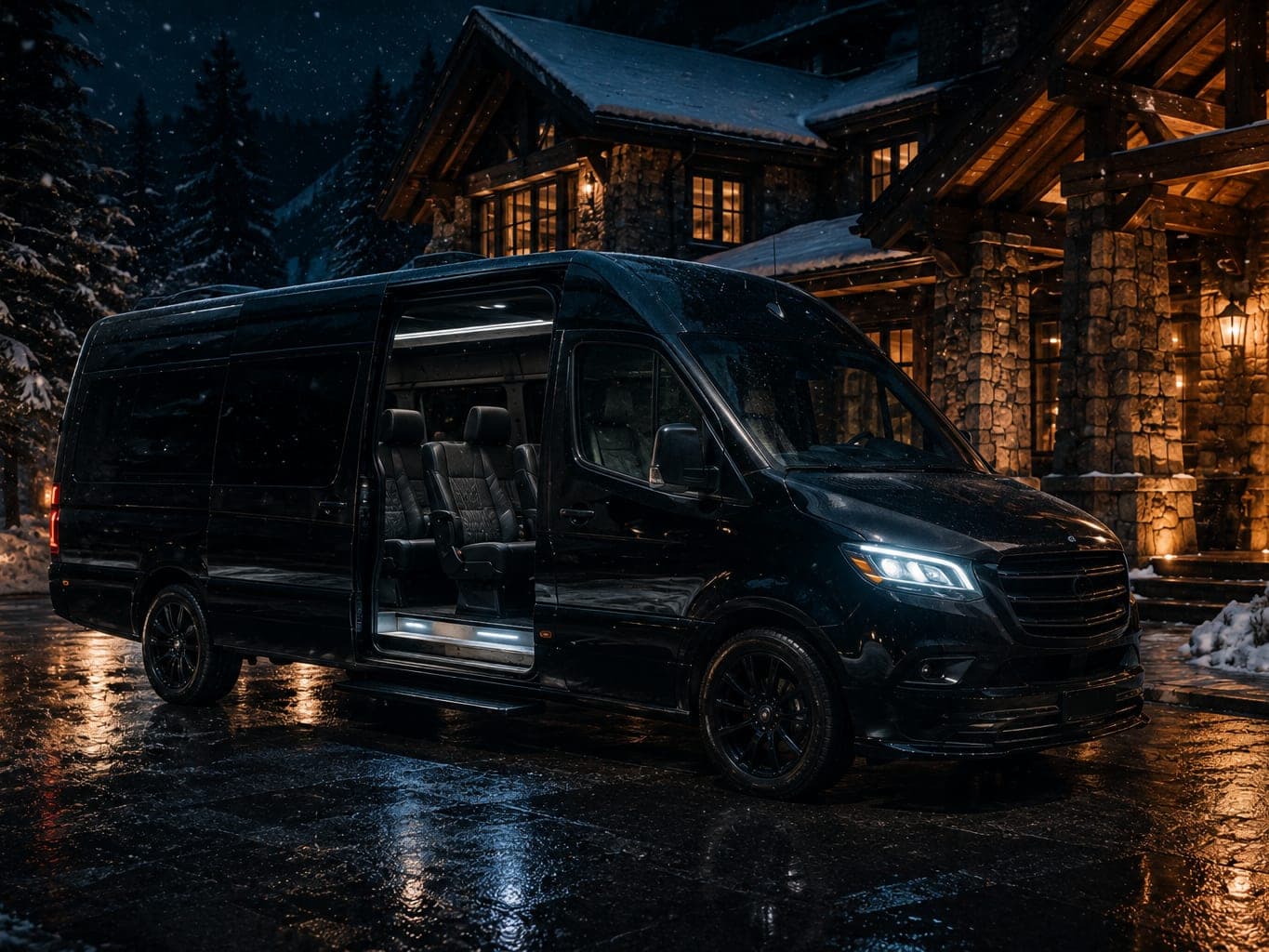 Black luxury van at a mountain lodge entrance at night